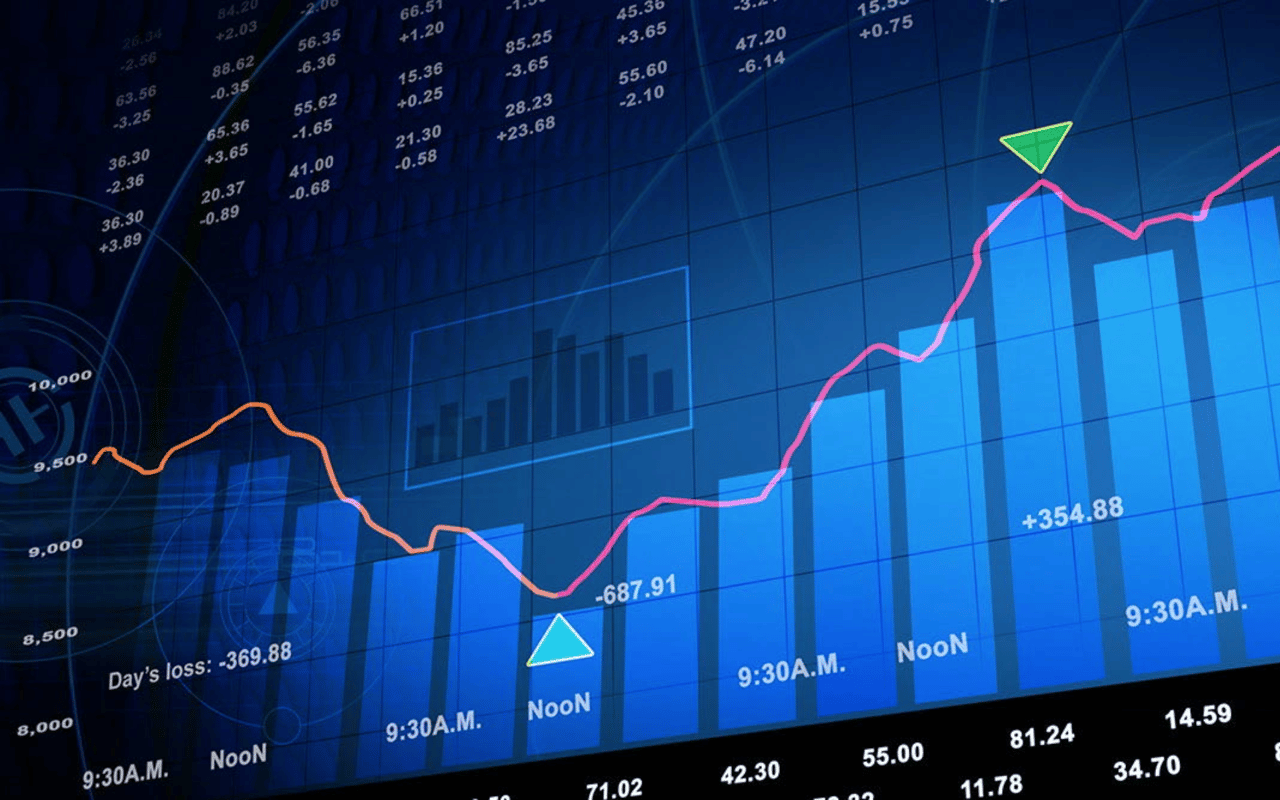 Market chart with fluctuating orange and rising pink lines over blue bars.