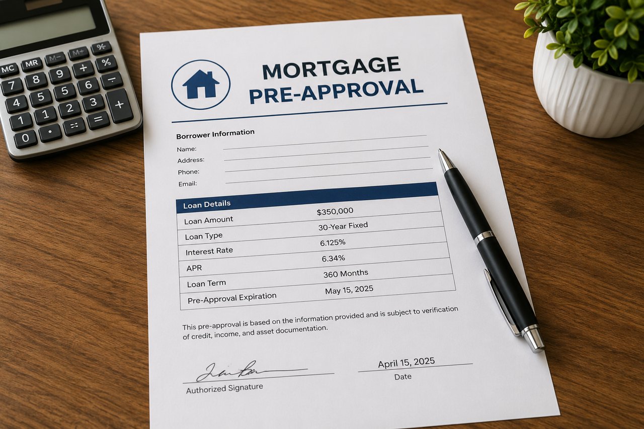 First-time homebuyers reviewing mortgage pre-approval documents with a lender.