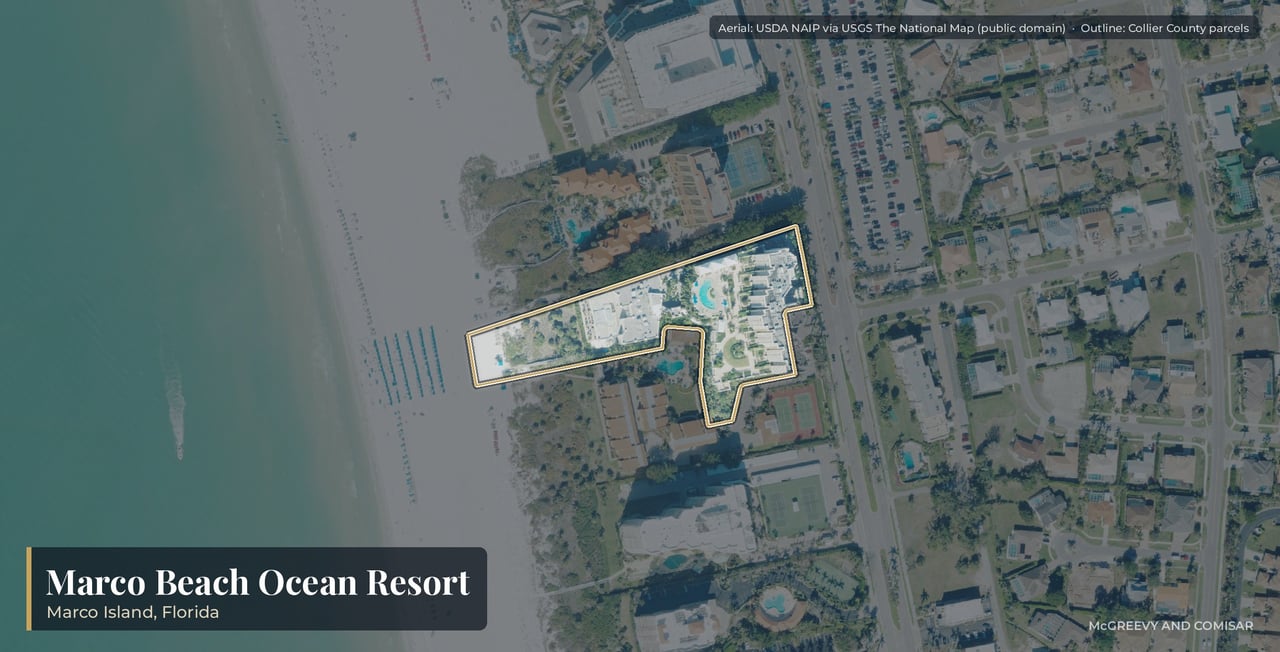 Aerial view of Marco Beach Ocean Resort on Marco Island, Florida, the 2001 resort condominium towers at 480 South Collier Boulevard on the central beach