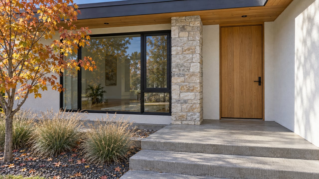 Sunlit ranch entry with a sheltered oak door, limestone pier, black-framed window and copper-leaved maple beside concrete steps.
