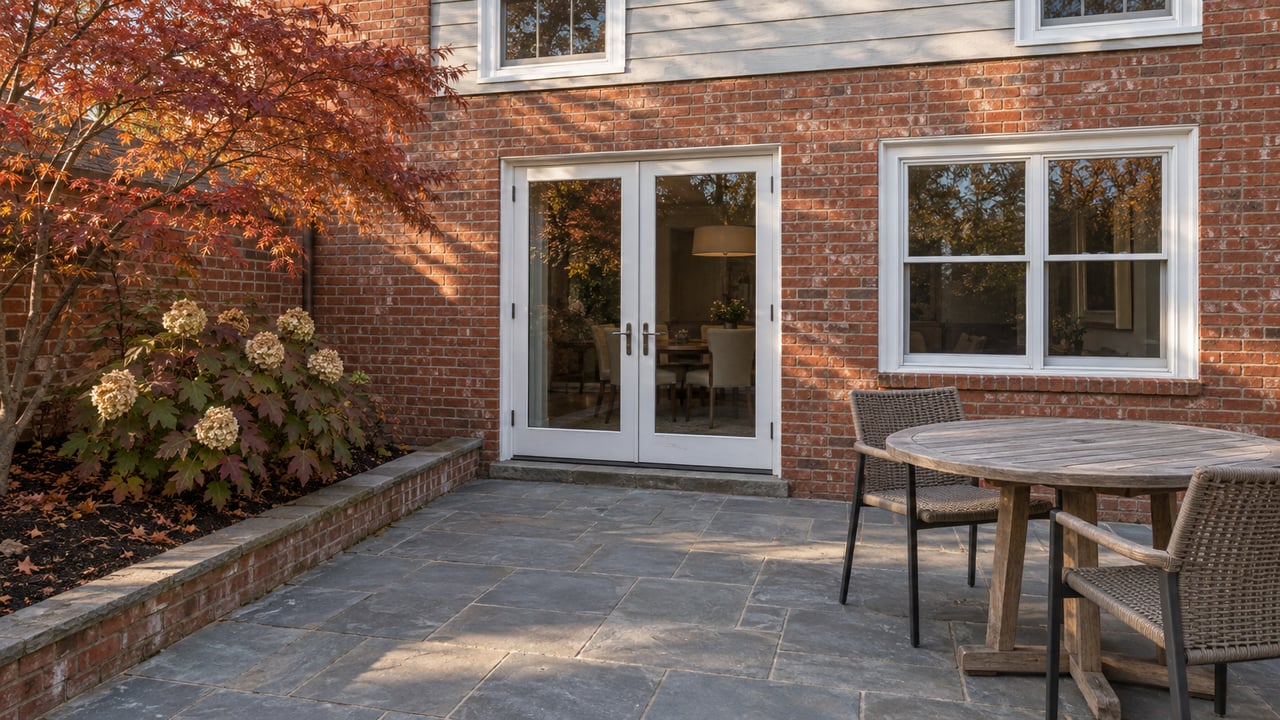 Red-brick townhouse rear terrace with white glazed doors, weathered teak seating, blue-gray paving, and autumn maple and oakleaf hydrangea planting.