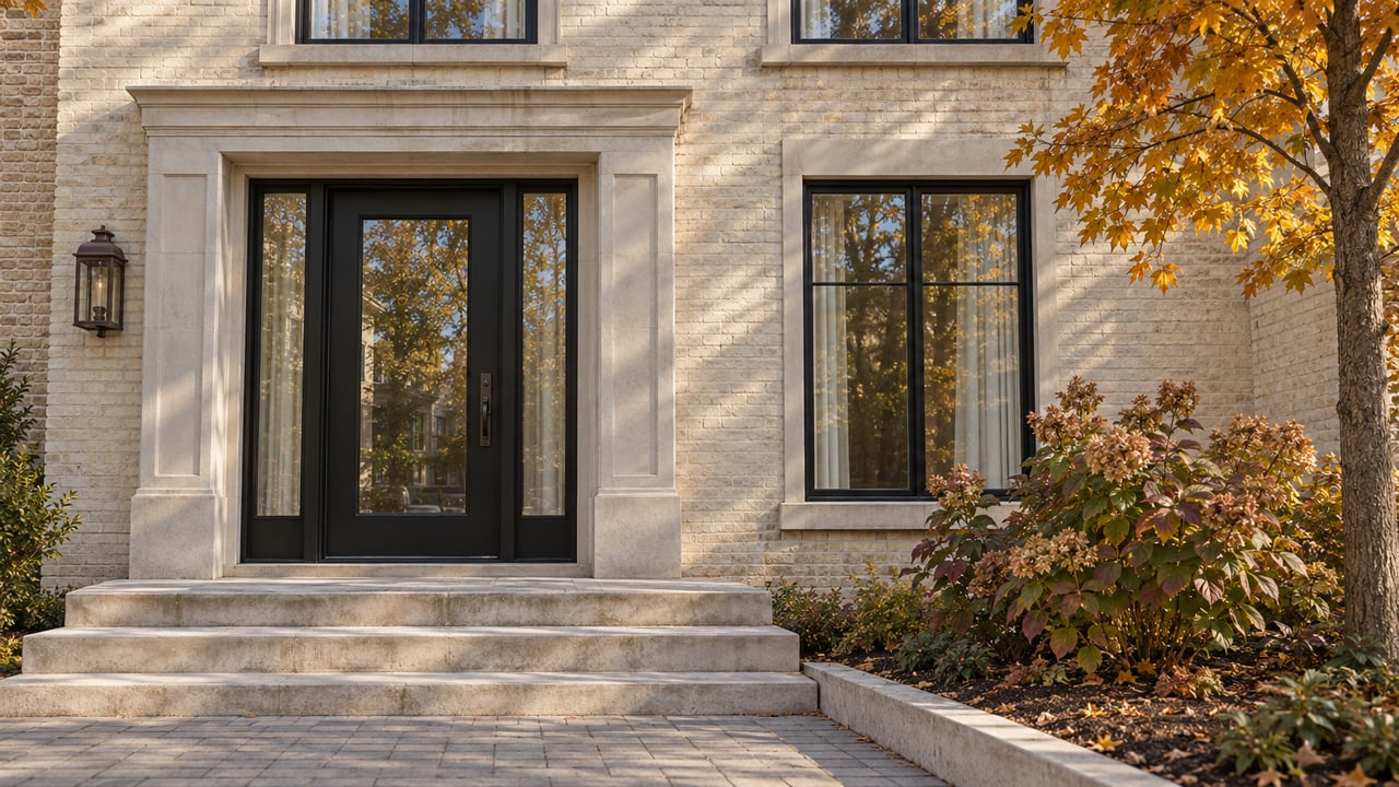 Painted-brick townhome entrance with pale limestone steps, black-framed glazing, and amber and burgundy autumn foliage.