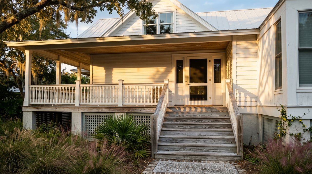 Raised coastal cottage with weathered stairs, a white-railed porch, and dune grasses in warm late-afternoon light.