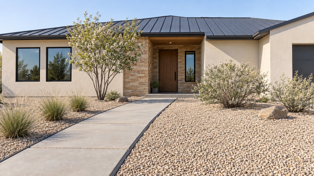 Single-story ivory stucco home with charcoal metal roof, sandstone entry, concrete walk, and gravel landscaping.