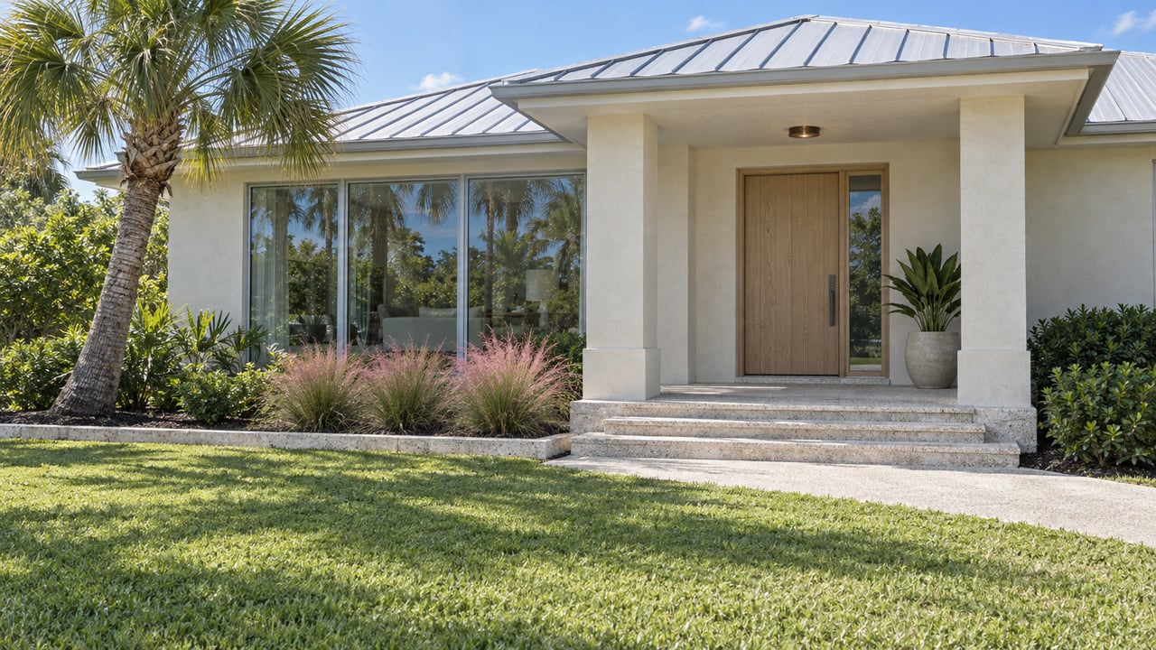 Light stucco home with a covered raised entry, broad concrete steps, closed glazing and a palm beside a deep front lawn.