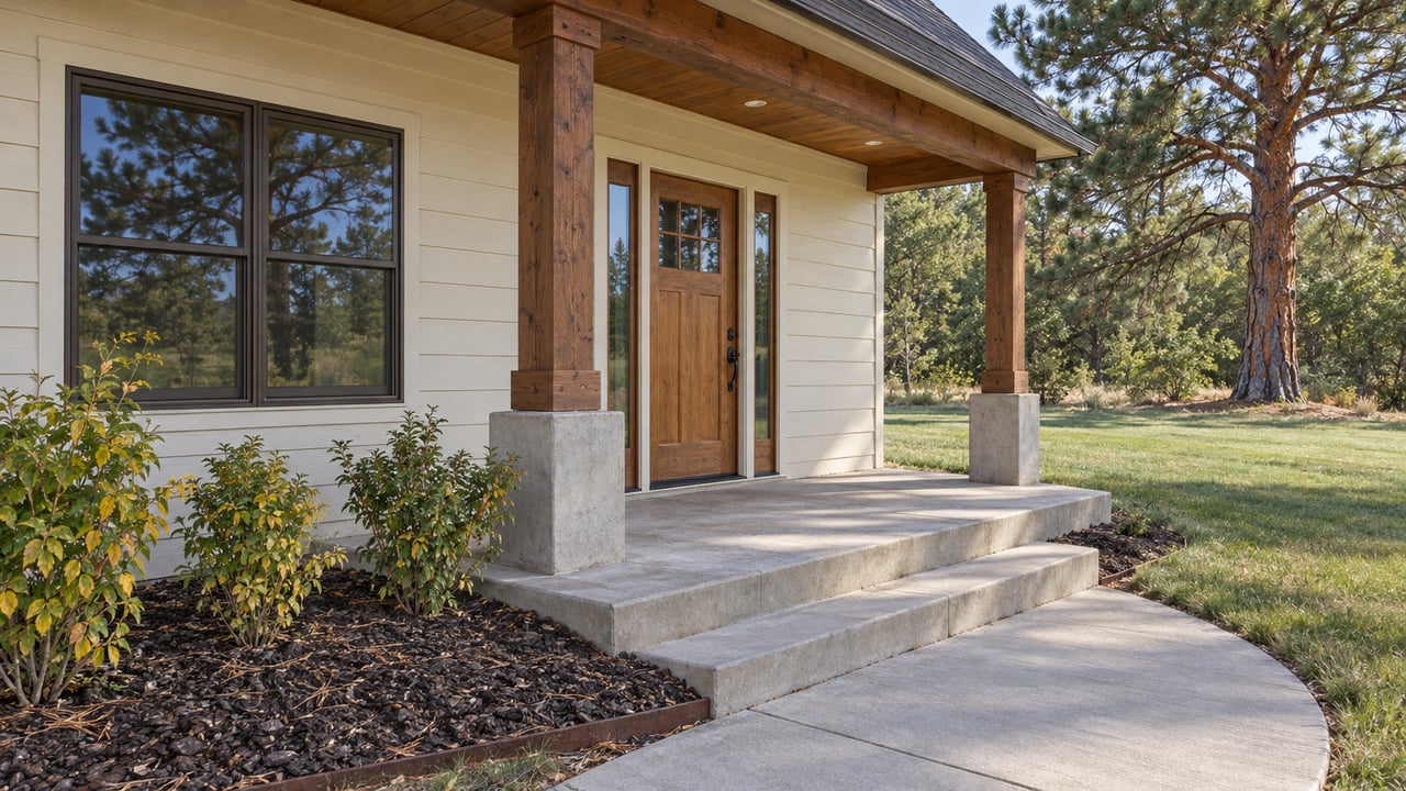 Covered porch with timber posts, ivory siding and a glazed wood entry door beside a broad lawn and mature pine.