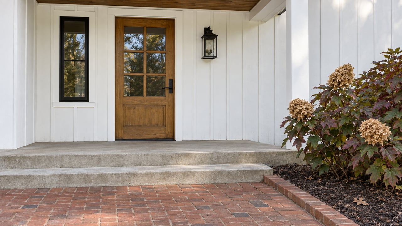White board-and-batten home entry with a glazed oak door, black lantern, worn concrete steps and a brick approach beside an oakleaf hydrangea.