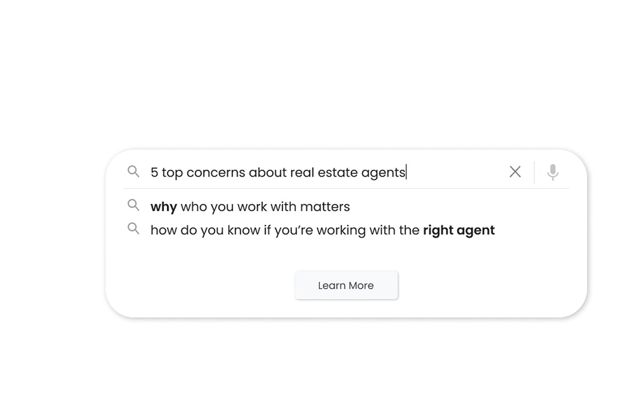Search box about concerns with real estate agents, with suggestions about choosing the right agent.