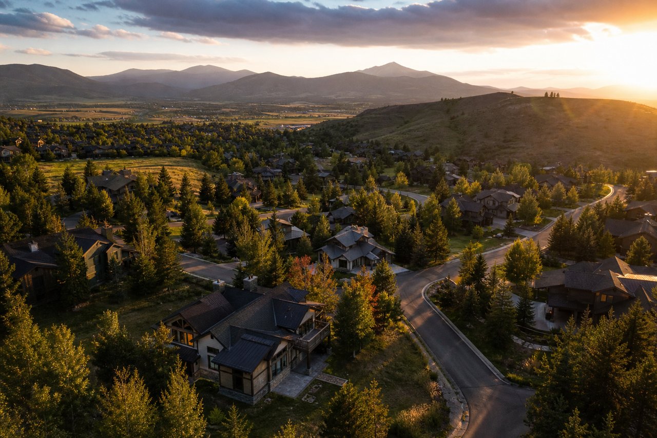 Mountain neighborhood at sunset, with homes among autumn trees and a winding road.
