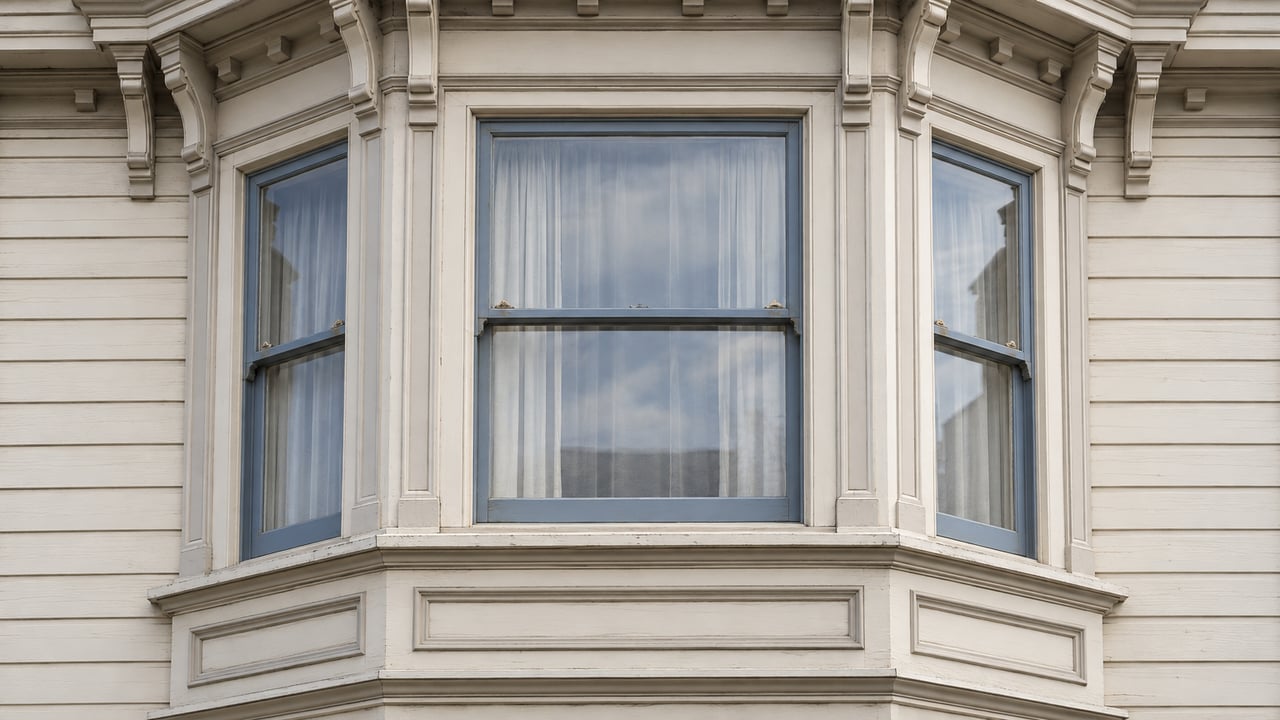 Ivory painted wood facade with slate-blue bay-window sashes, detailed brackets, and gently weathered trim in soft daylight.
