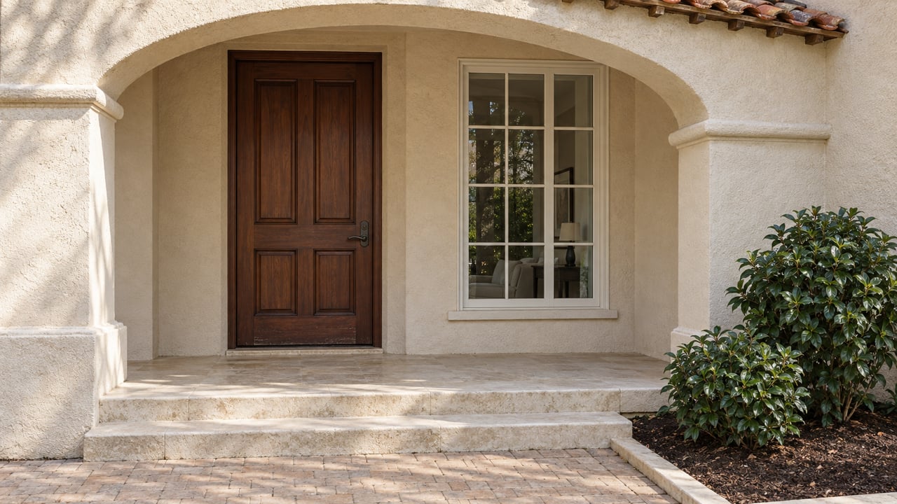Sunlit cream stucco entry with a weathered clay-tile roof, mahogany door, limestone steps and two camellia shrubs.
