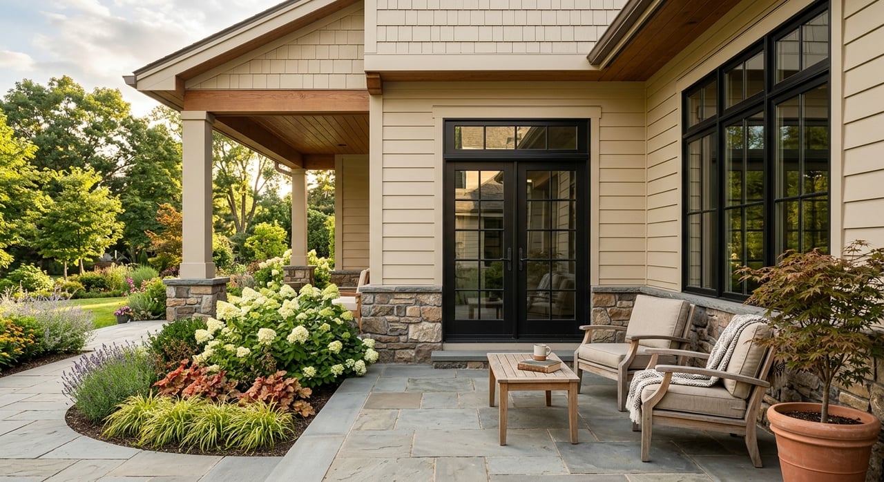 French doors above a gray stone-veneer base, opening onto a bluestone patio bordered by shrubs.