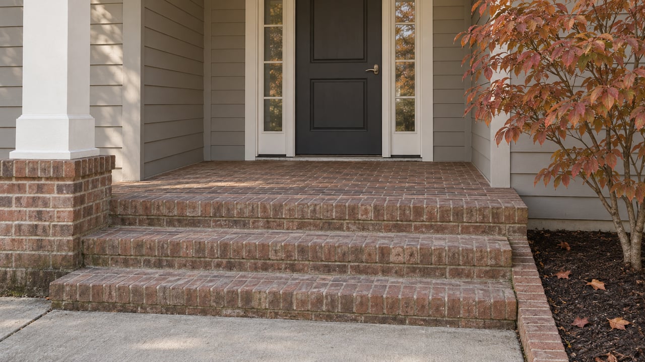 Covered home entry with gray lap siding, brick steps, matching glazed sidelights and russet dogwood foliage.