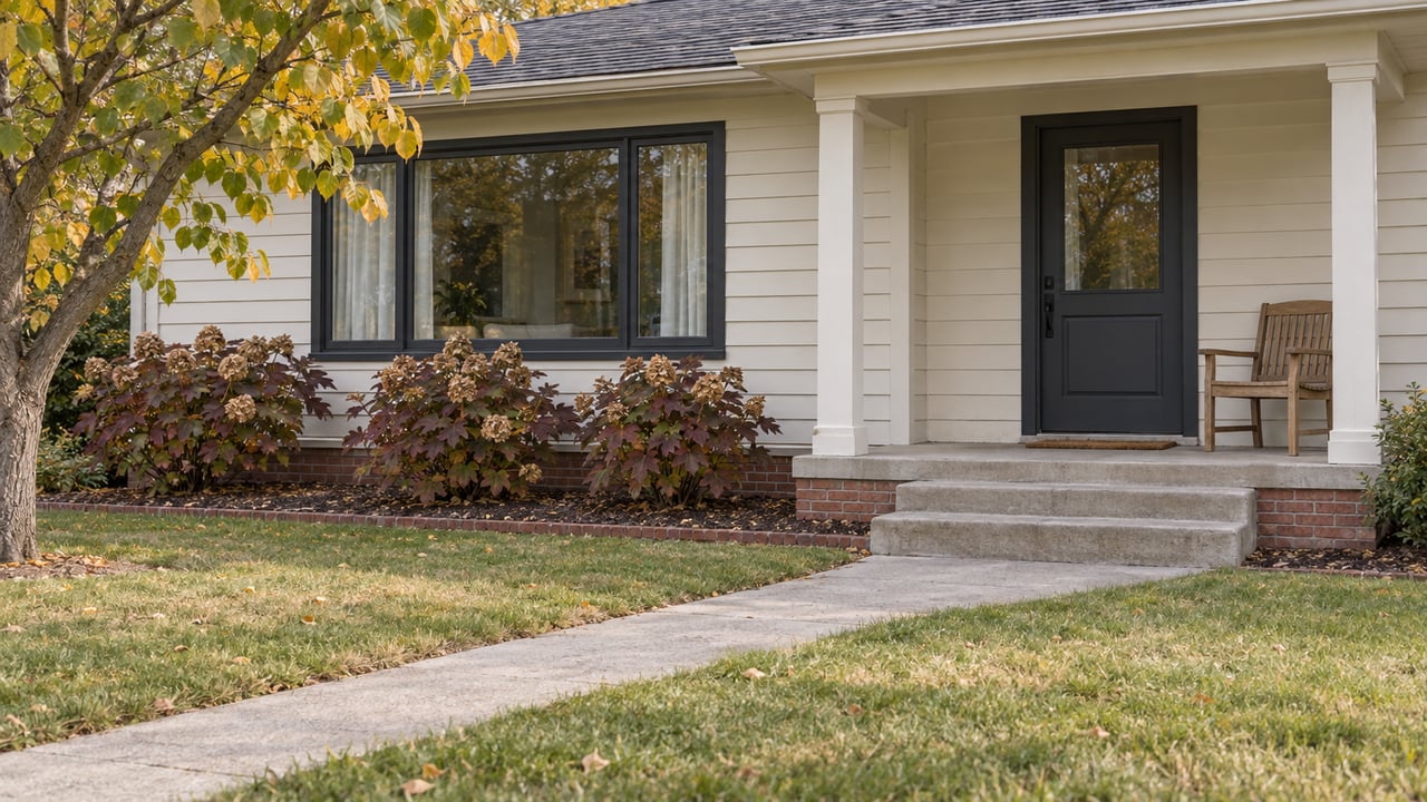 A renovated cream-sided home with a covered entry, charcoal door, front lawn and early-autumn redbud and oakleaf hydrangeas.