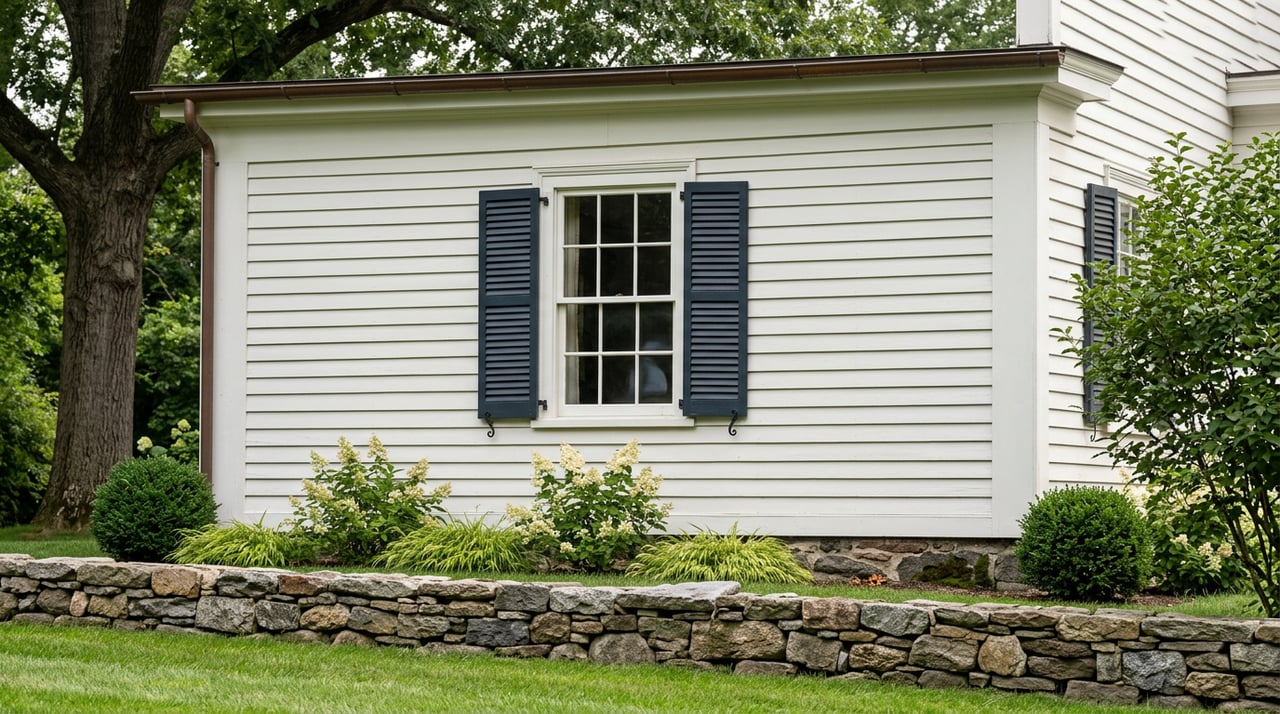Federal house wall with a six-over-six window and dark shutters above a low fieldstone garden wall.