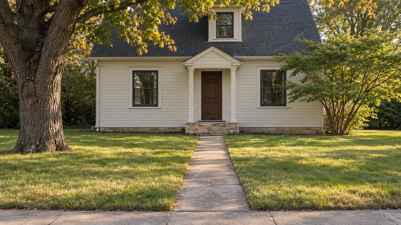 Older ivory clapboard house behind a broad lawn and straight concrete walk, with a mature oak at left.