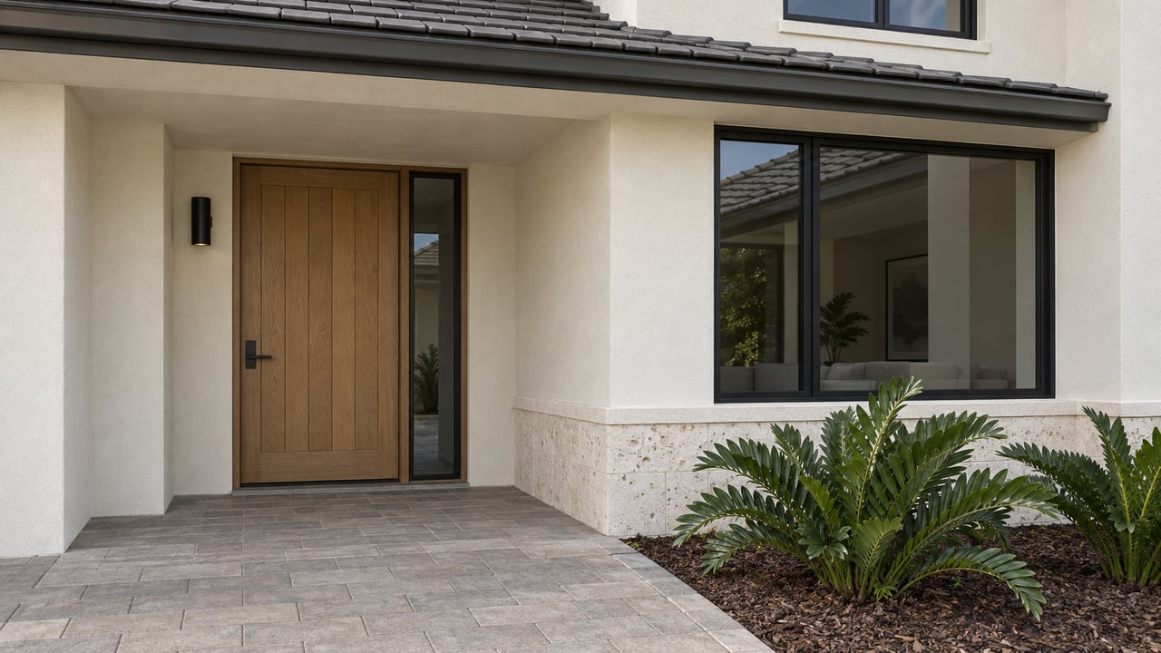 Ivory stucco home entrance with an oak door, black-framed windows, limestone accents and two coontie plants beside a paver walk.