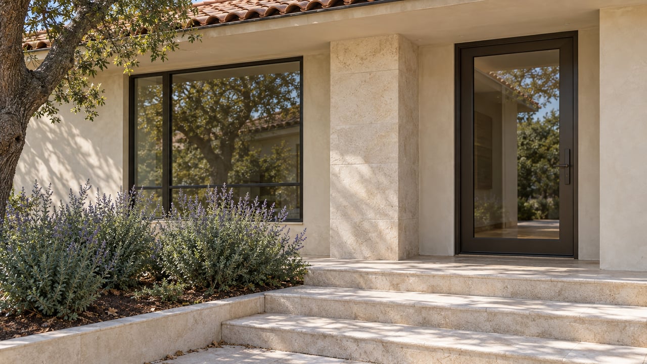 Cream stucco house entry with a dark glazed door, limestone steps, and a stone-edged bed of purple sage.