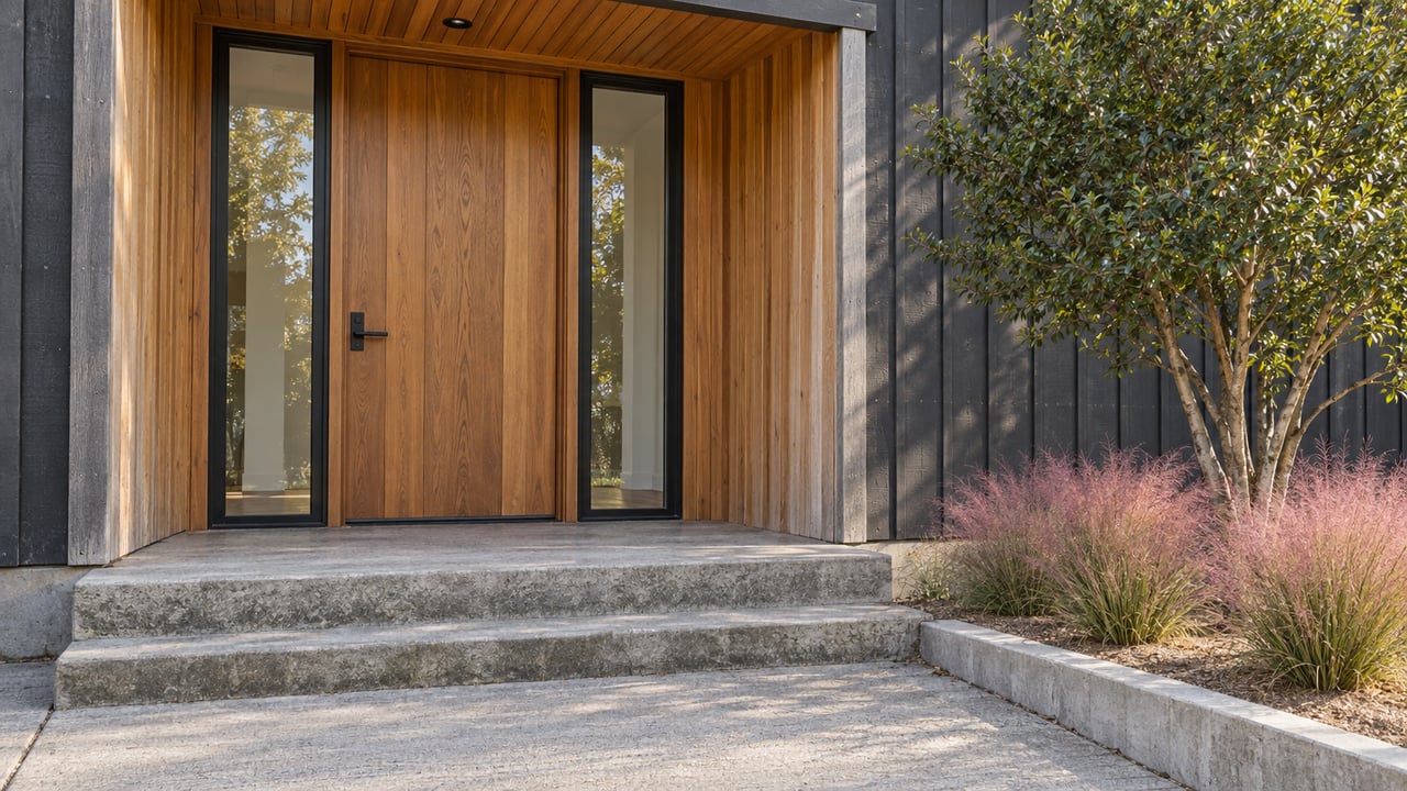 Covered cedar entry with charcoal siding, paired glass sidelights, concrete steps and pink muhly seed heads.