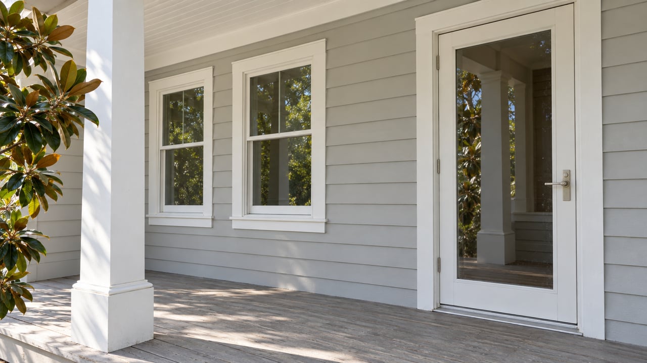 Pale gray lap siding and white trim surround paired windows and a glazed door on a weathered covered porch, with a magnolia branch at the edge.