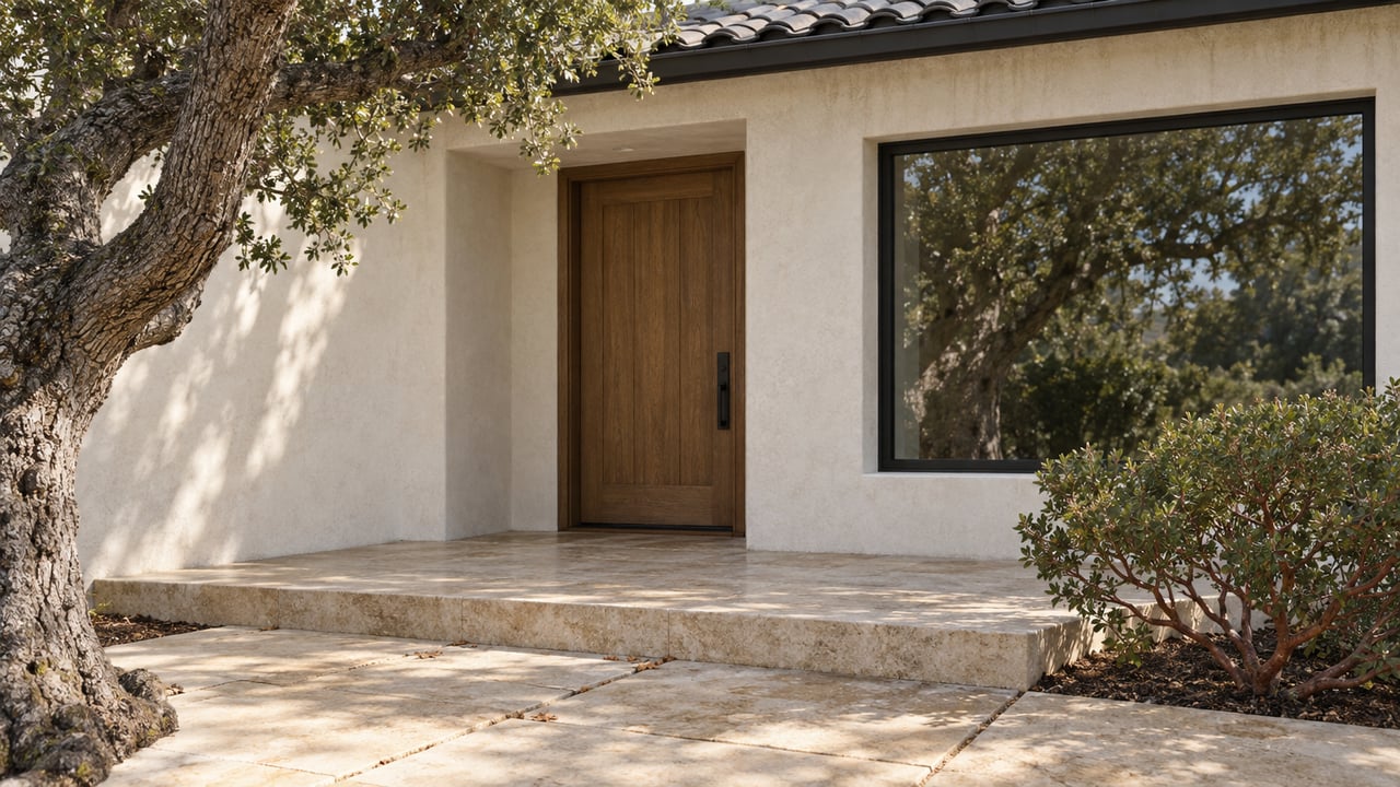 Oak entry door beside a black-framed window, with limestone steps and an oak tree at the edge.