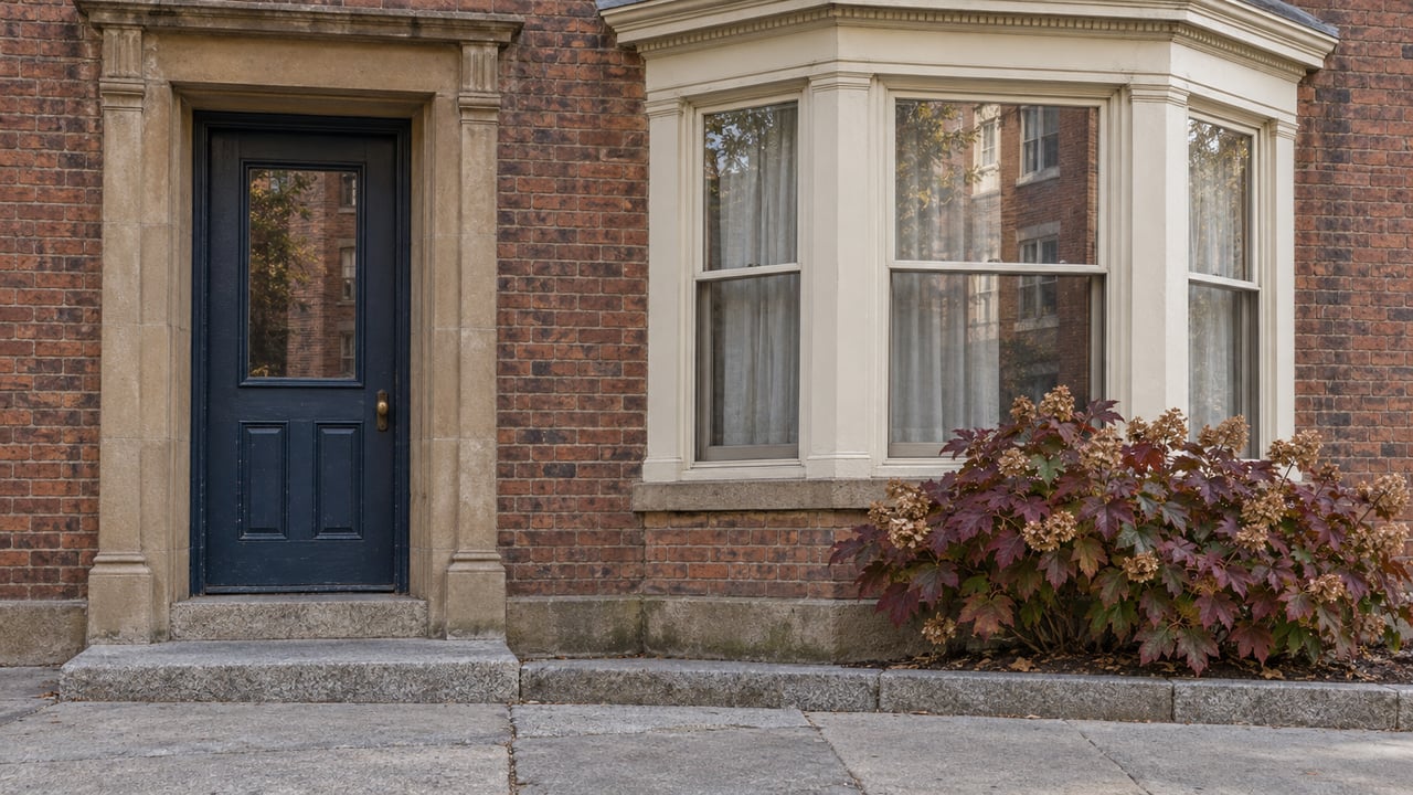 Russet brick home with a dark blue entrance, ivory bay windows, worn granite step, and burgundy oakleaf hydrangea.