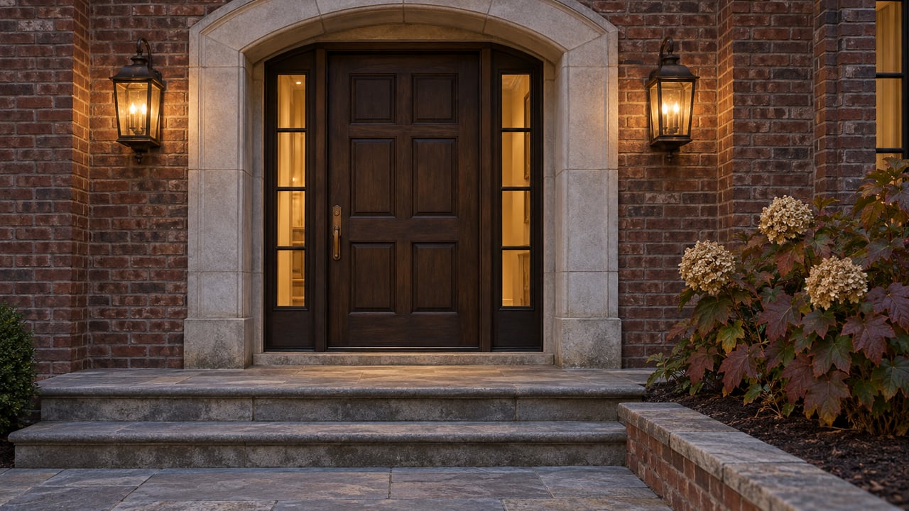 A brick home's limestone-framed entrance at dusk, with bronze lanterns, stone steps, and autumn oakleaf hydrangea.