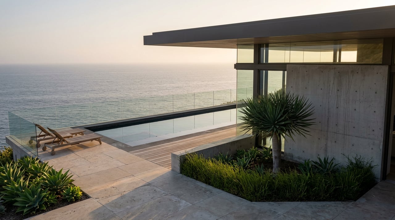 Cantilevered concrete roof above a glass-walled home, infinity pool, teak loungers, and open ocean.