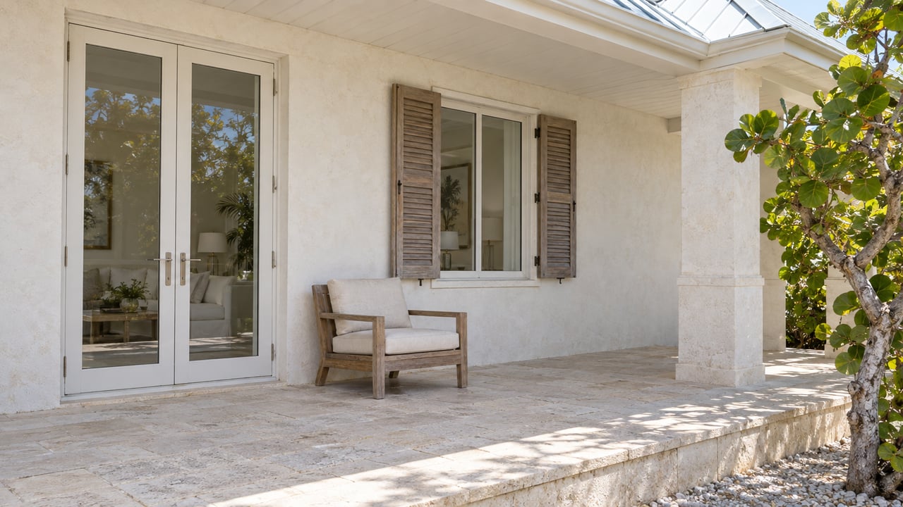 Cream masonry veranda with closed glazed doors, teak shutters, shell-flecked limestone paving and a sea-grape tree beside a raised terrace.
