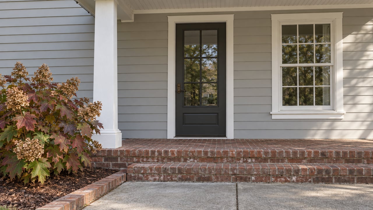 Covered entrance of a light-gray clapboard home, with white trim, brick porch steps and an oakleaf hydrangea showing autumn color.