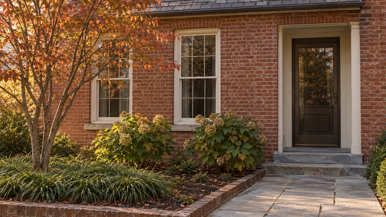 Red-brick house with ivory sash windows, a recessed entry, and a small garden of copper-leaved trees and hydrangeas.