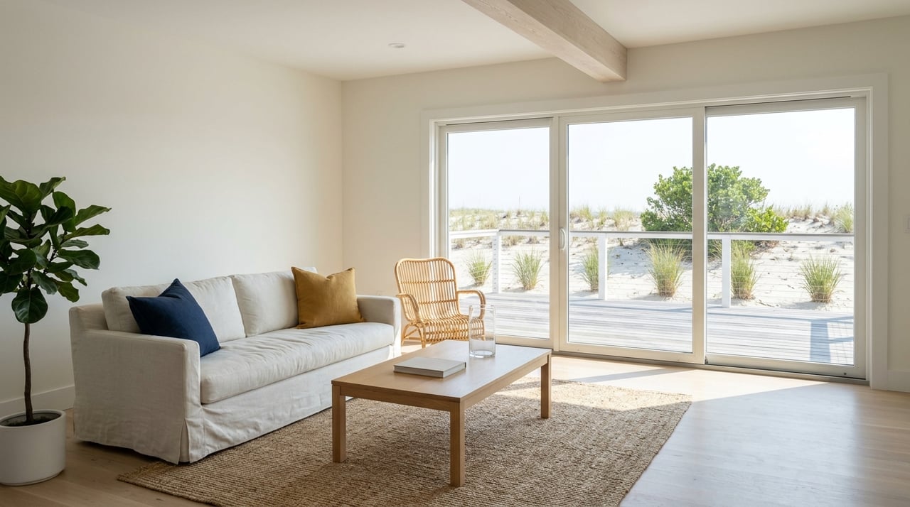 Open-plan interior with sliding glass doors overlooking a deck, dune sand, and coastal plants.