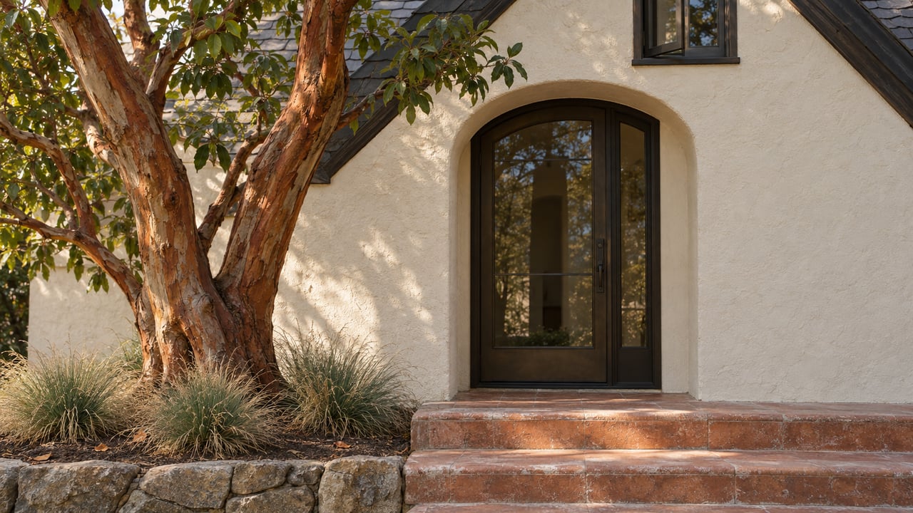 Arched entry with a glazed bronze door, terra-cotta steps, and a peeling-bark madrone tree.