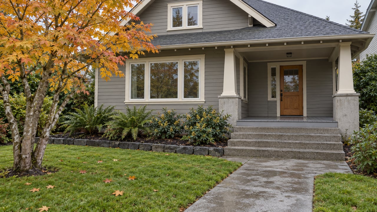 Renovated gray wood-sided home with a recessed porch, damp concrete approach and autumn vine maple in the front garden.
