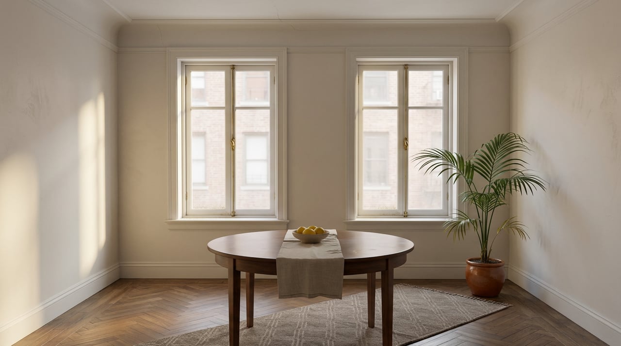 Walnut table with lemons beside tall casement windows, a palm, and herringbone flooring.