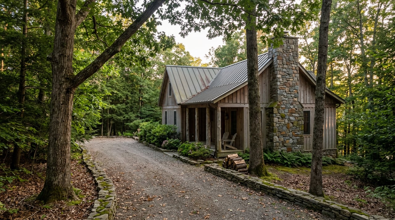 Wooded retreat with a fieldstone chimney, cedar siding, porch, and gravel drive beneath hardwood canopy.