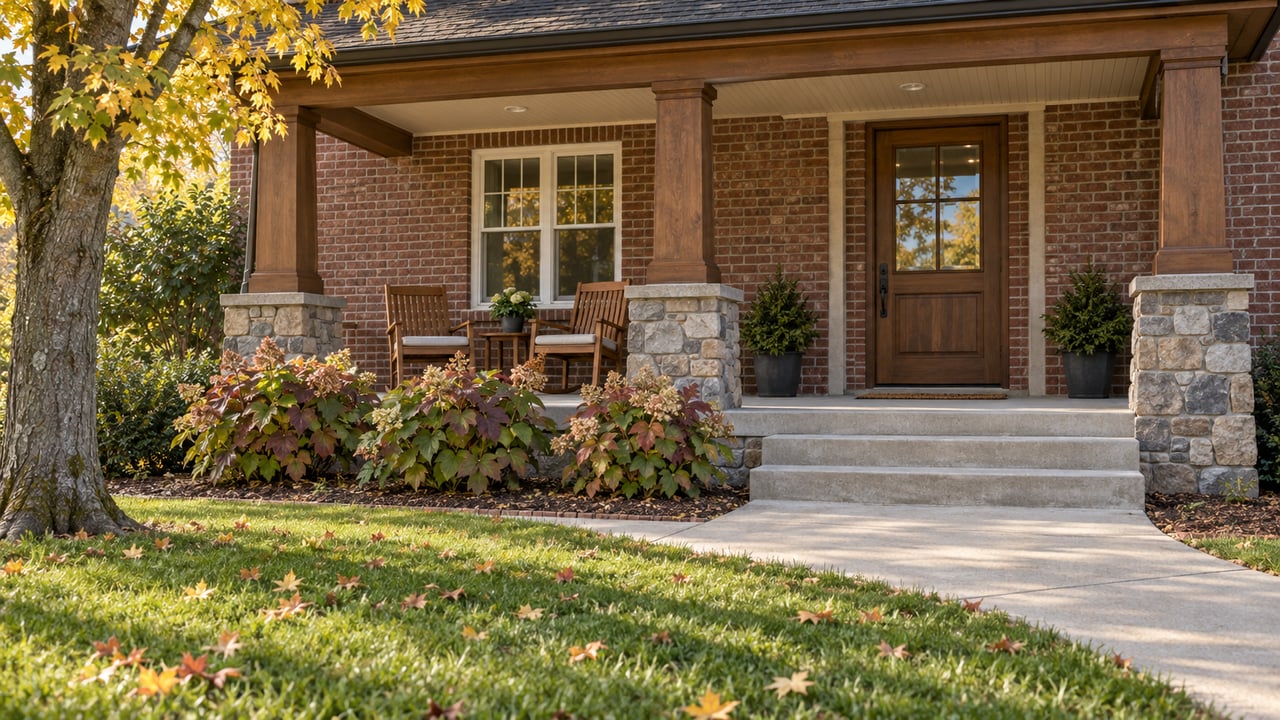 Brick home with a stone-and-timber porch, teak chairs and autumn planting beside a broad concrete approach.