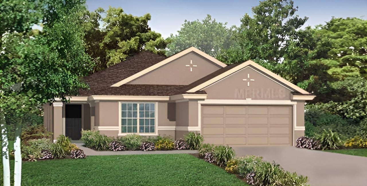 Rendered single-story taupe home with a two-car garage and landscaped front yard.