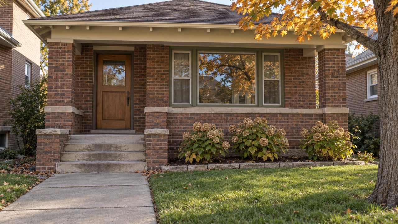 Russet brick bungalow with limestone entry steps, olive window frames and amber maple leaves in morning light.