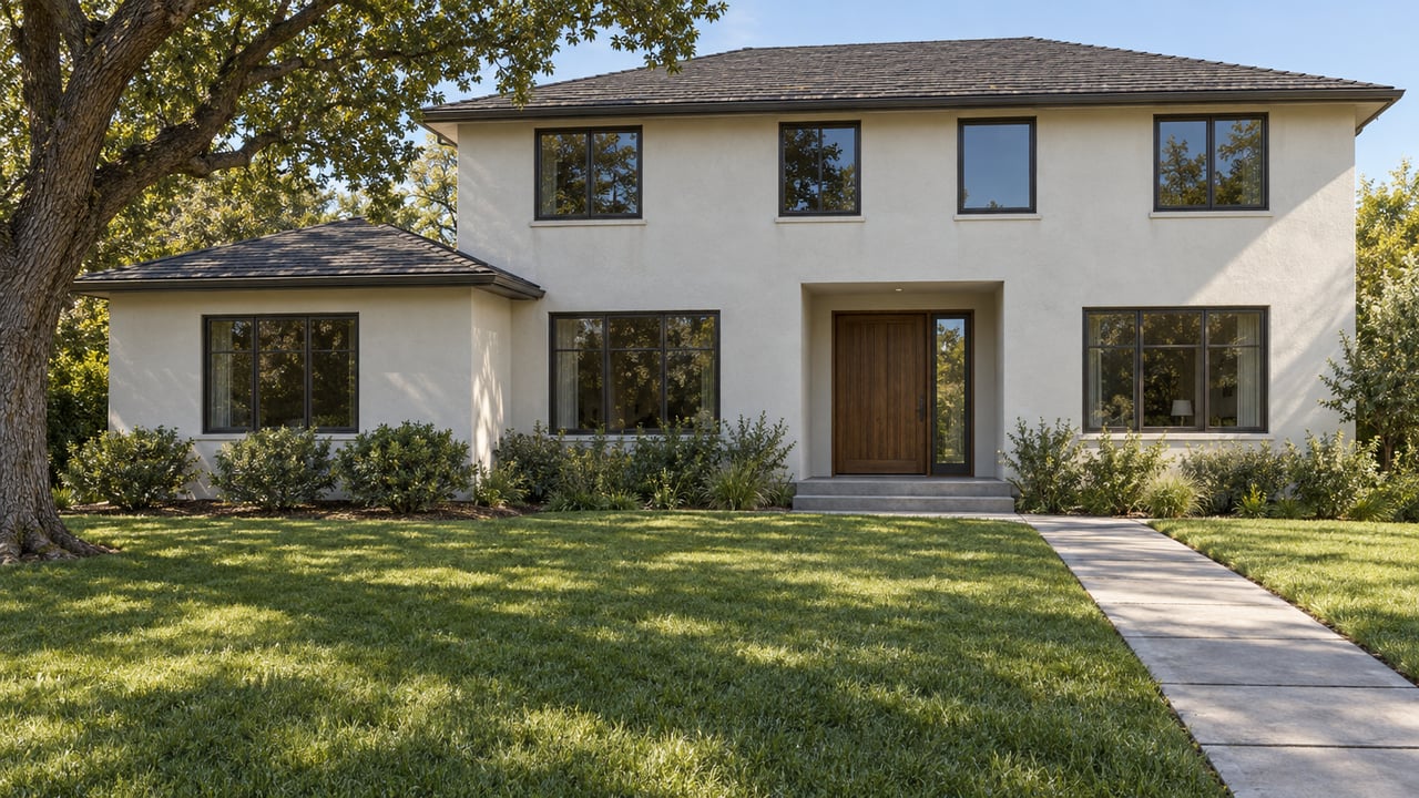 Two-story off-white stucco home with dark-framed windows, a walnut entry and a deep front lawn shaded by a mature oak.