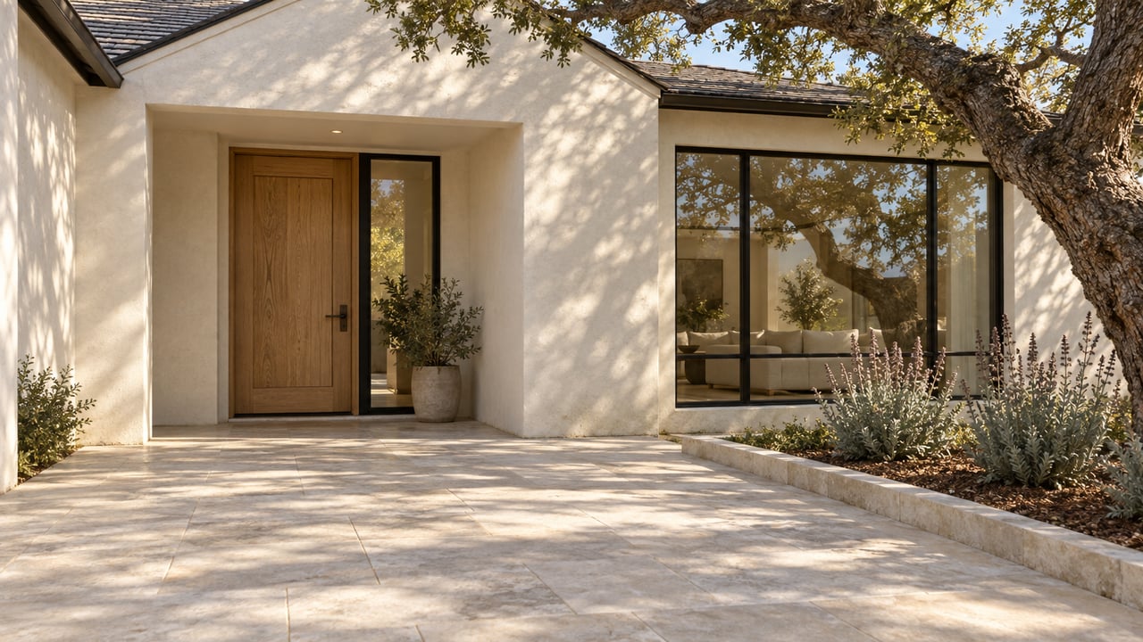 Morning light across a limestone terrace and pale stucco home with an oak entry door, black-framed window and mature oak.