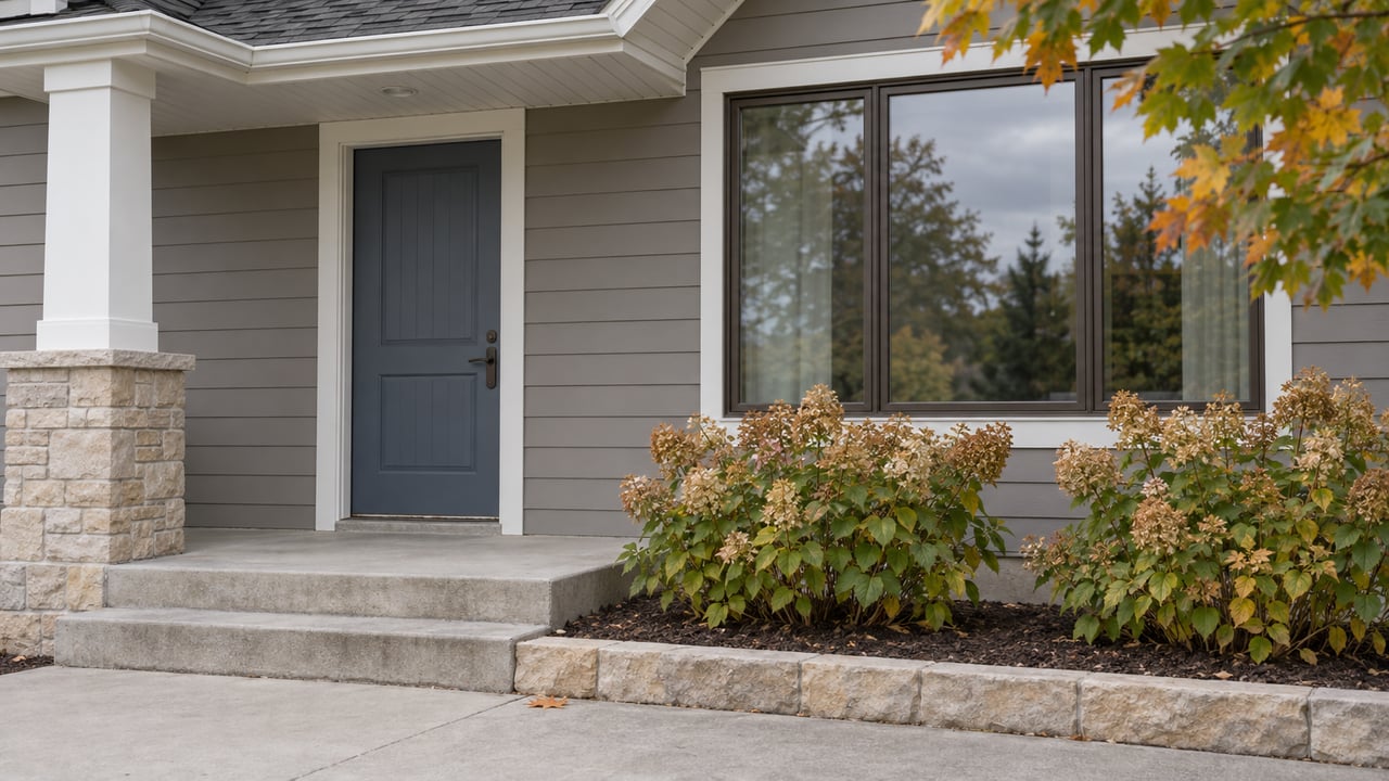 Covered home entry with gray siding, slate-blue door, limestone porch base and tawny hydrangea flowers in soft autumn daylight.
