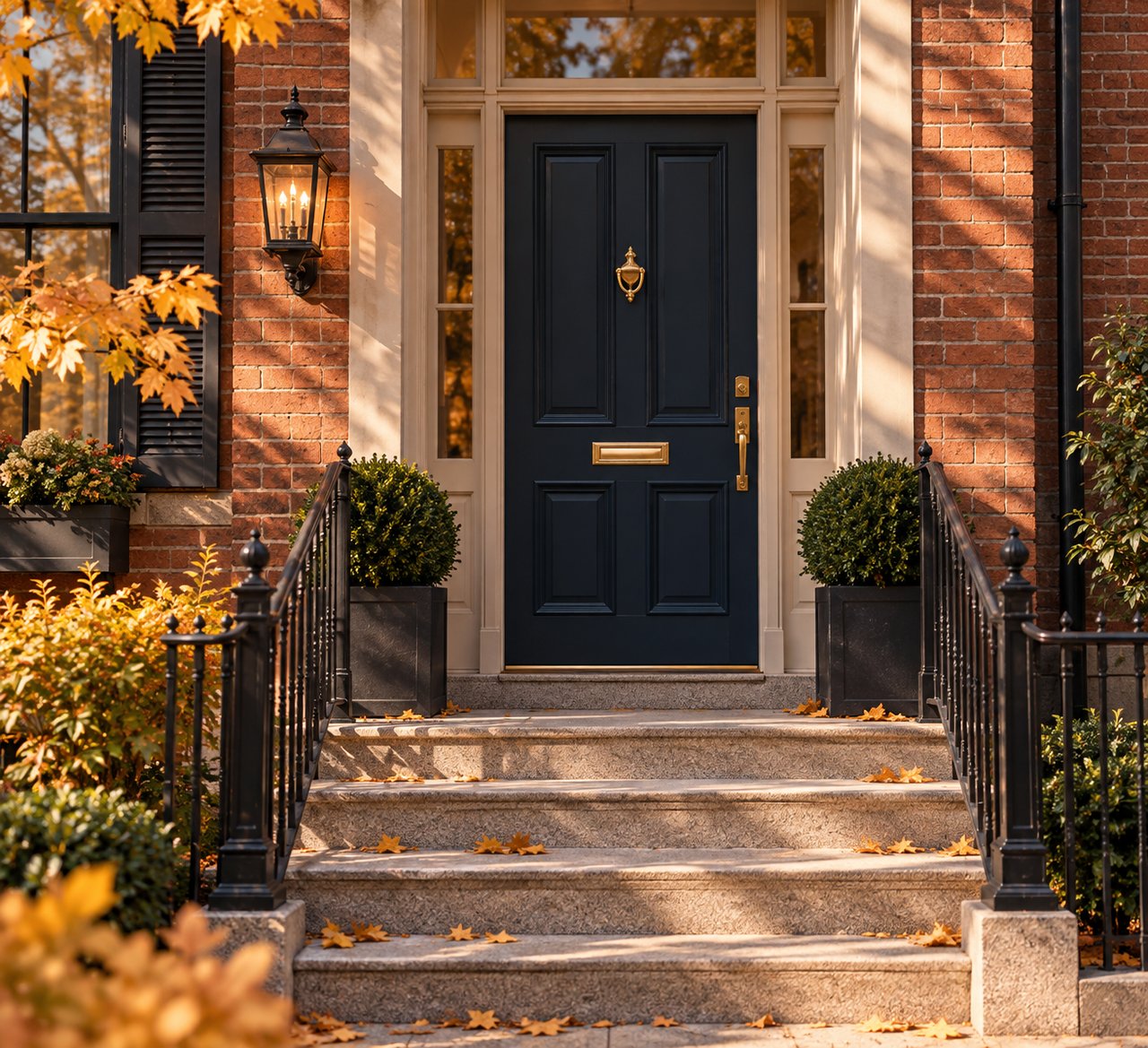 Brick Philadelphia rowhome entry with a navy door and fall leaves on the steps.