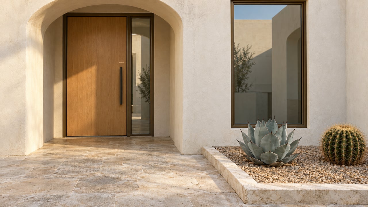Cream stucco courtyard entry with an arched wood-and-glass door, limestone paving and two sculptural desert plants.