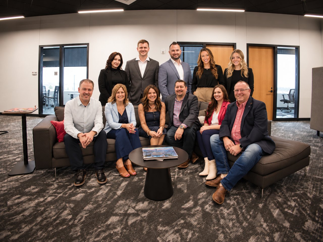 Eleven real estate team members pose together in an office lounge.
