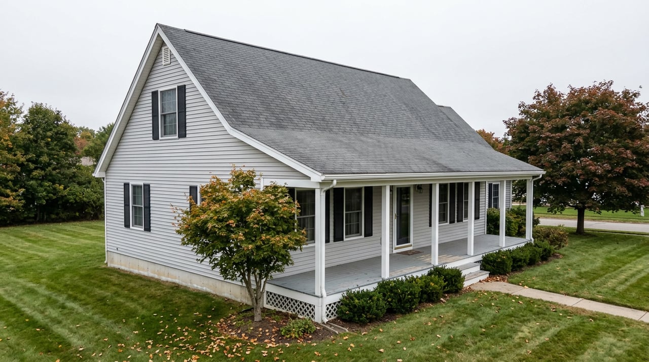 Two-story gray colonial home with a front gable, covered porch, and deep lawn beneath an overcast sky.