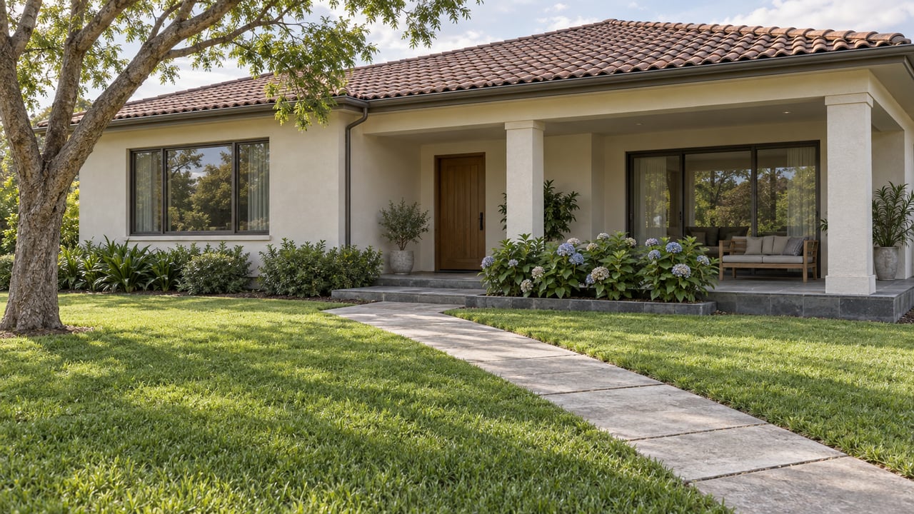 A low cream-stucco home with a terracotta roof and shaded lanai behind a deep green lawn, jacaranda tree and blue hydrangeas.