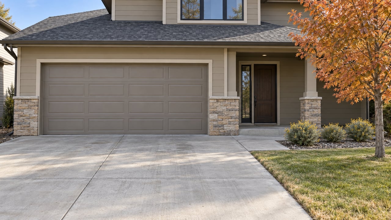 Tan-sided home with a two-car garage, stone entry piers, concrete approach, and a copper-leaved maple in autumn sunlight.