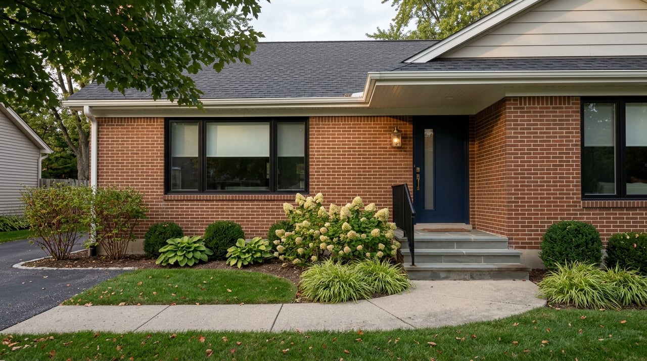 Brick colonial home's exterior entry in late-afternoon autumn light