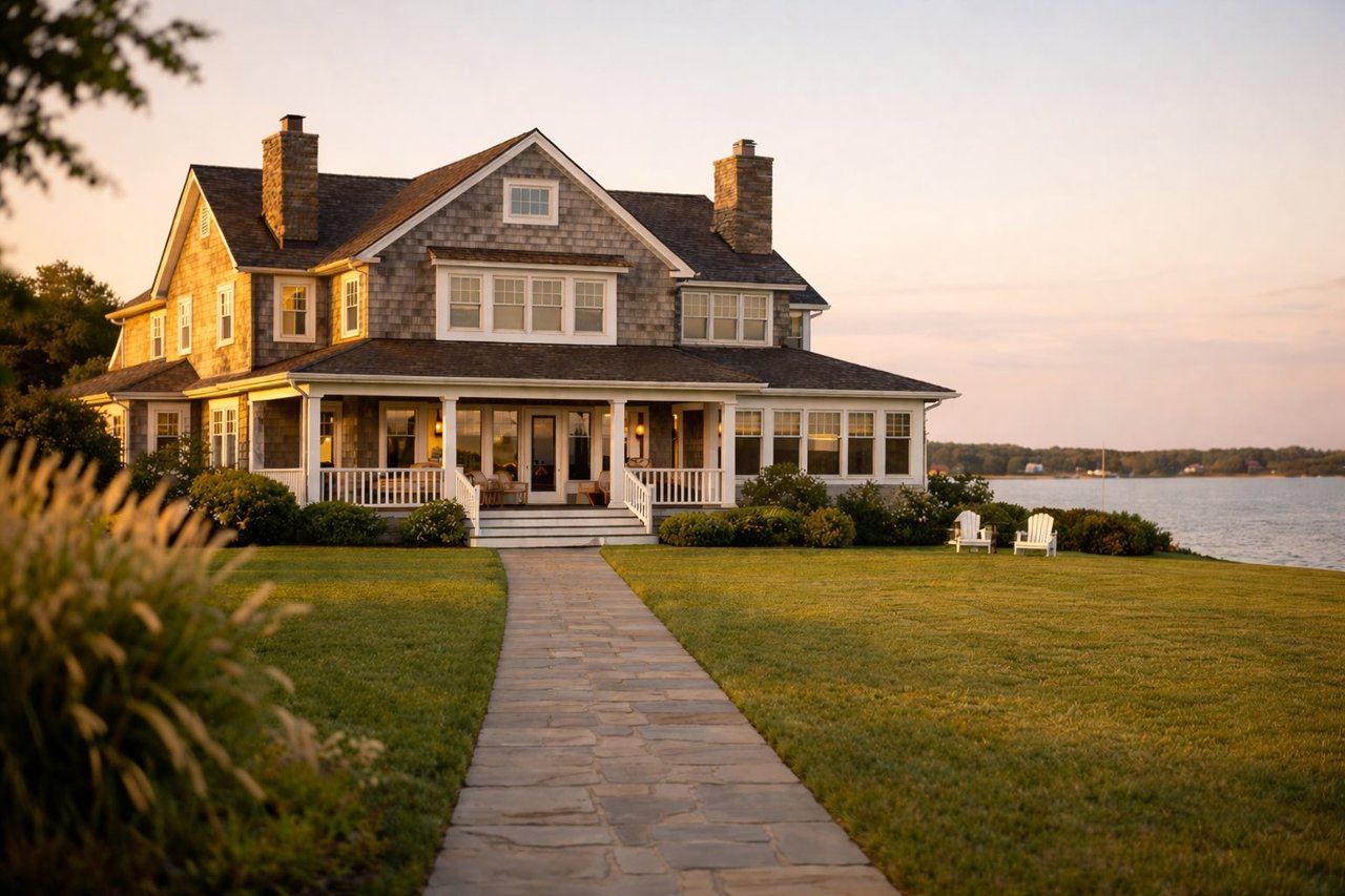 North Fork waterfront home in Mattituck with large front yard